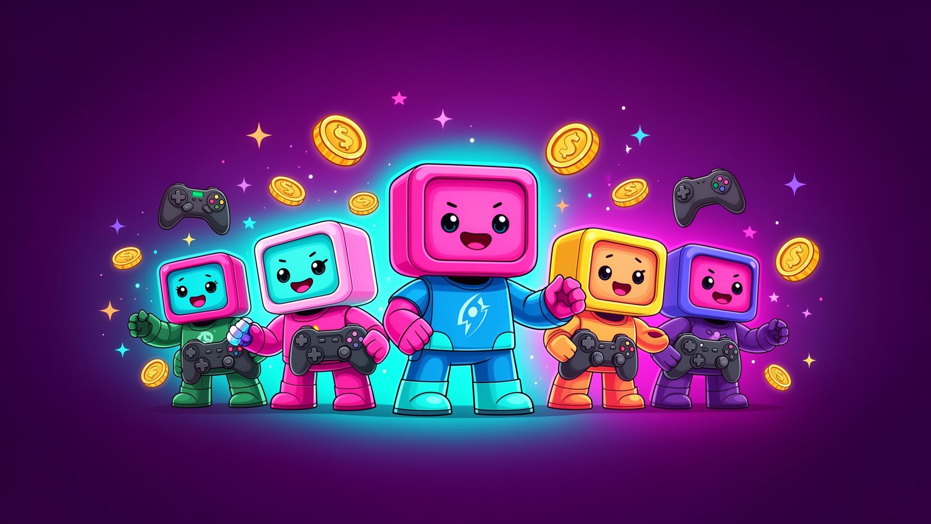 Colorful blocky game avatars holding controllers with floating coins